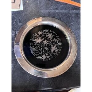 Oneida Vintage Silver Plate Tray Black Center Bird Floral Engraved Decorative